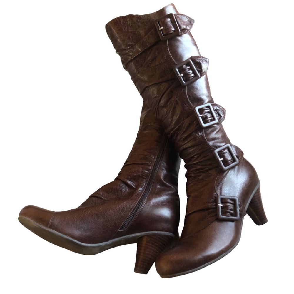 Miz Mooz brown leather knee high boots with full length zipper, size 6.5